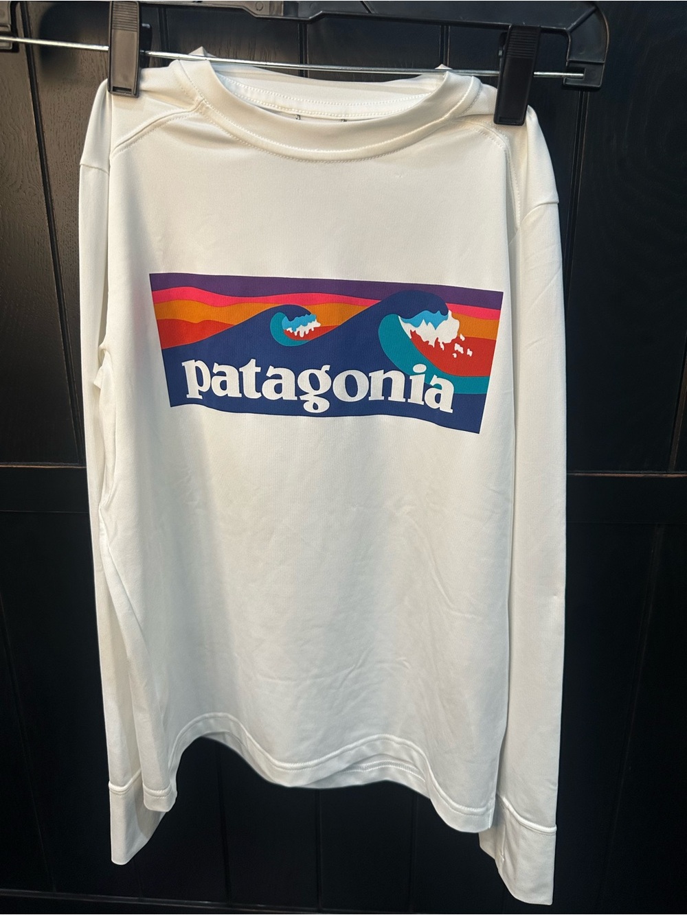 Patagonia White Long Sleeve Tee with Multi-Color Wave Logo